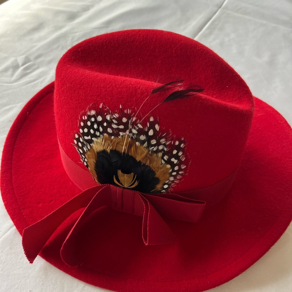 Red wool women’s hat with feather